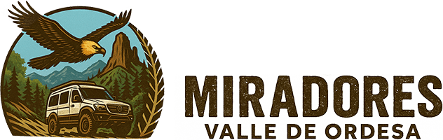 Logo Miradores Valle de Ordesa con vehículo 4x4 y quebrantahuesos